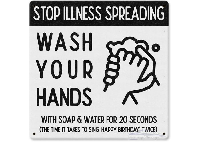 Stop Illness Wash Hands Metal Sign - 12" x 12"
