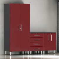 Red Modular 3-Piece Garage Cabinet Set: Tall Closet, 4-Drawer Base