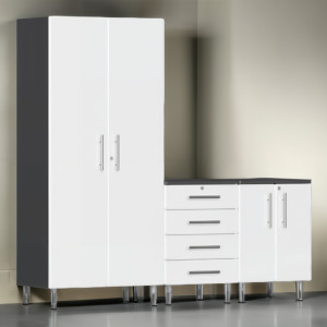 White Modular 3-Piece Garage Cabinet Set with Tall Closet & Drawers