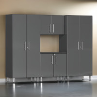 Grey Modular 4-Piece Garage Cabinet Set: 2 Tall Closets, Wall & Base