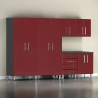 Red Modular 6 Piece Garage Cabinet Set with Wall Cabinets, Workbench