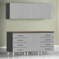 Silver Modular 6-Piece Garage Cabinet Workstation with Bamboo Top