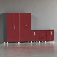 Red Modular 6-Piece Garage Cabinet Set with Tall Closets and Workbench