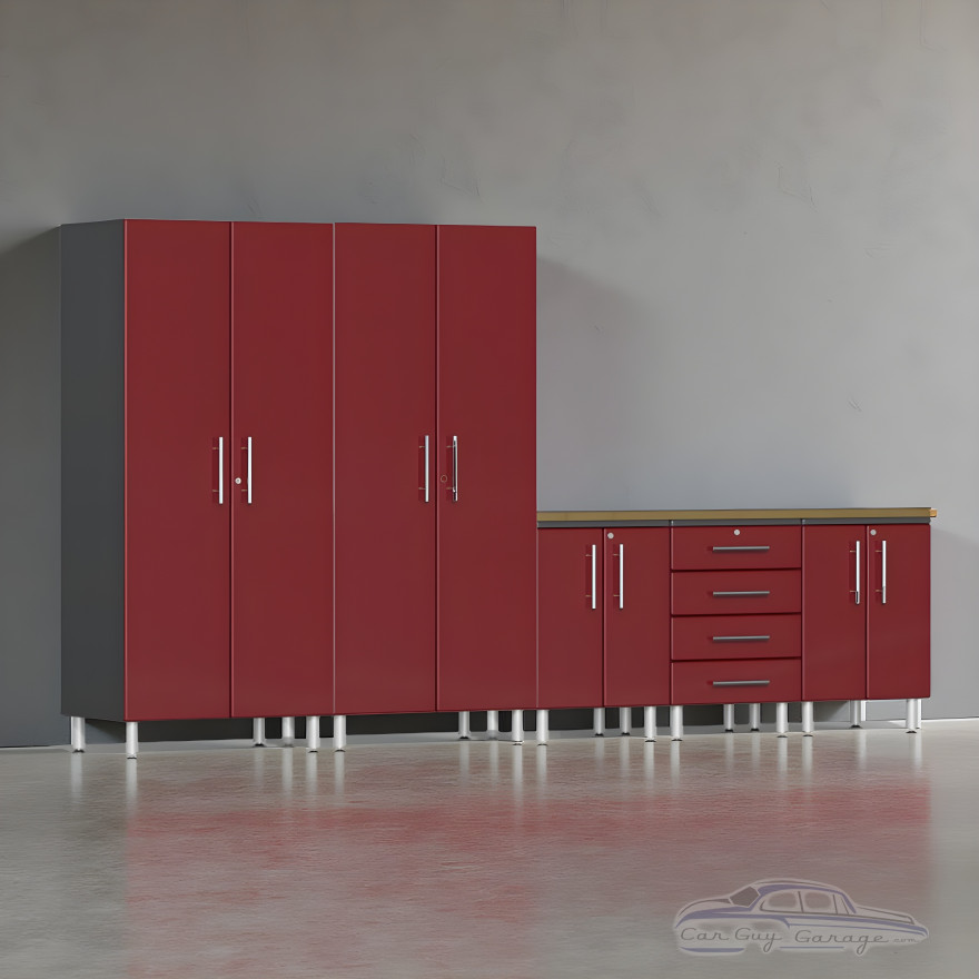 Red Modular 6-Piece Garage Cabinet Set with Tall Closets and Workbench