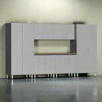 Silver Modular 7-Piece Lockable Garage Cabinet Set with Workbench