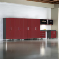 Red Modular 7-Piece Garage Cabinet Set with 4 Tall Closets & Worktop