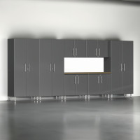 Grey Modular 8-Piece Garage Cabinet Set, Tall Closets, Bamboo Worktop