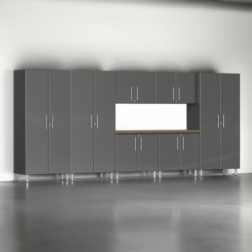 Grey Modular 8 Piece Garage Cabinet Kit with Bamboo Worktop