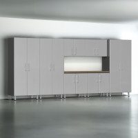Silver Modular 8-Piece Garage Storage Cabinet Set with Bamboo Worktop