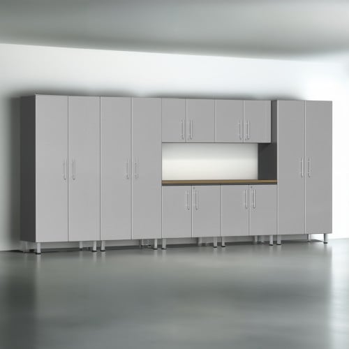 Silver Modular 8 Piece Garage Cabinet Kit with Bamboo Worktop