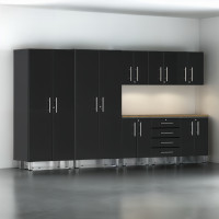 Black Modular 9-Piece Garage Storage Cabinet Set with Bamboo Worktop