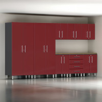 Red Modular 9-Piece Garage Cabinet System with Workbench & Bamboo Top