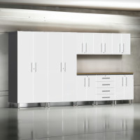 White Modular 9-Piece Garage Cabinet Set with Bamboo Worktop
