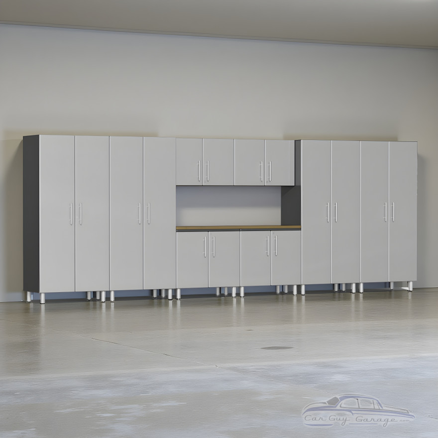 Silver Modular Ulti-Mate 9-Piece Garage Cabinet Kit with Worktop