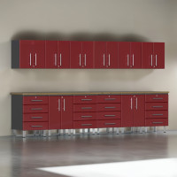 Red Modular 14-Pc Garage Cabinet Set, Wall & Base, Bamboo Worktop