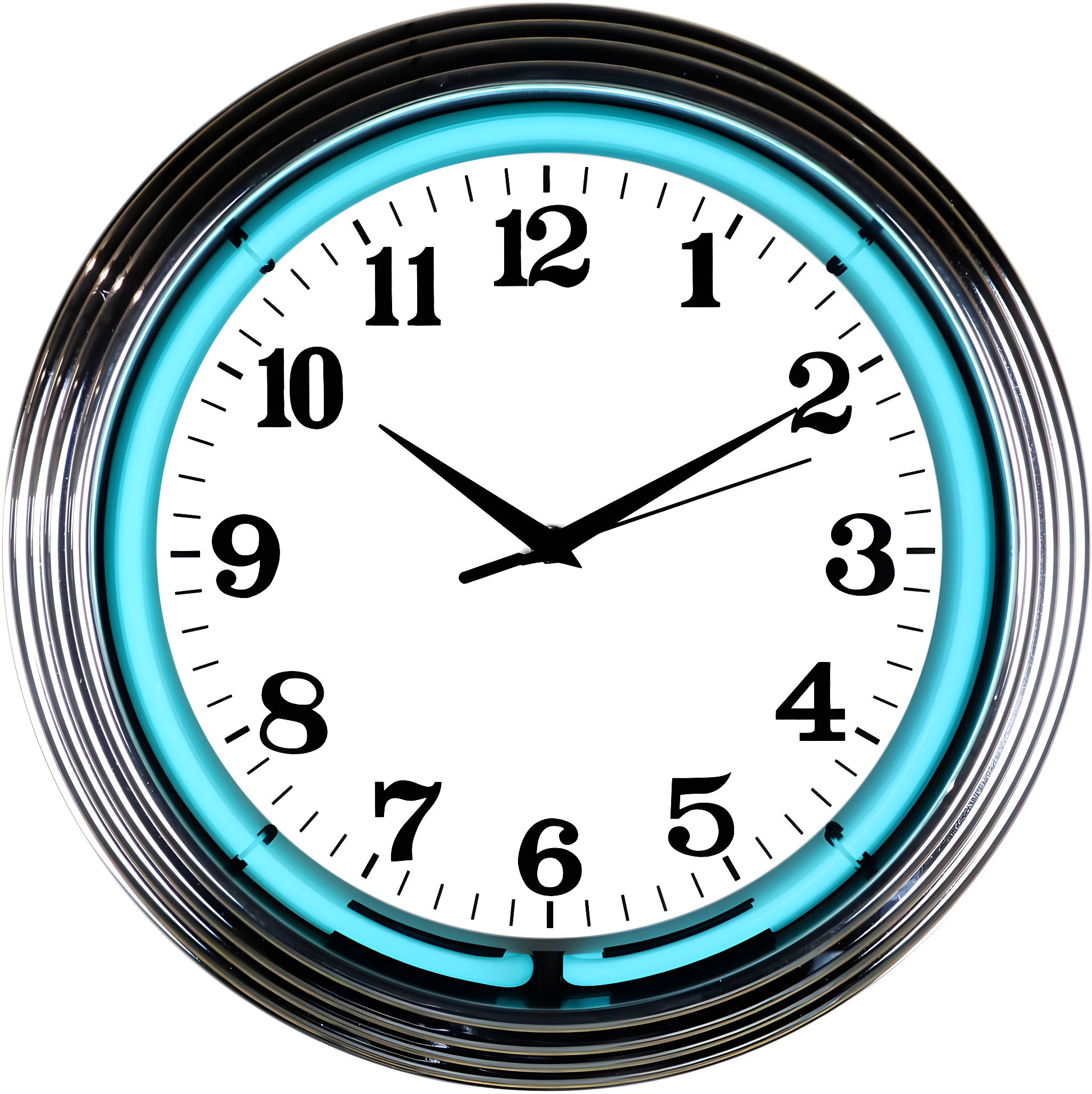 Teal Neon Wall Clock - 15 Inch Chrome Art Deco