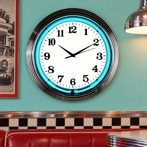 Teal Neon Wall Clock - Chrome Art Deco 15 Inch Round