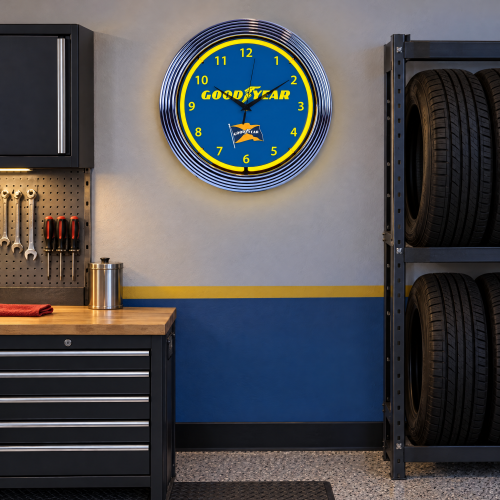 Goodyear Tires Garage Neon Clock, Blue Face - 15 Inch