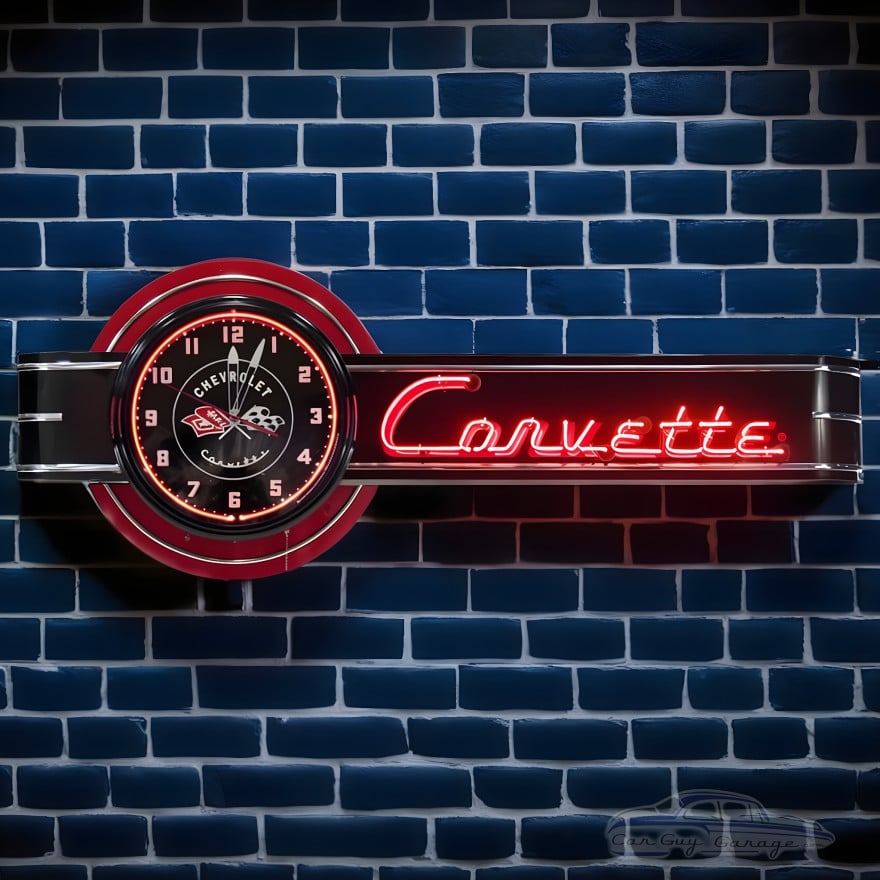 72" Wide Offset Chevrolet Corvette Clock and Neon Sign 72" Wide Offset Chevrolet Corvette Clock and Neon Sign