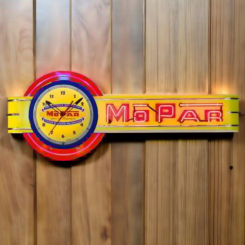 72" wide Offset Yellow Mopar Clock and Mopar Neon Sign
