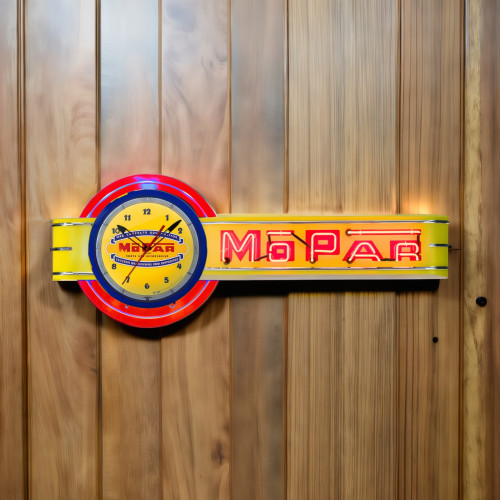 72" wide Offset Yellow Mopar Clock and Mopar Neon Sign