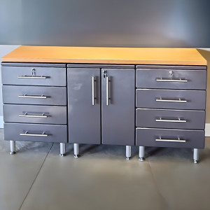 Grey Modular 4-Piece Garage Workbench Cabinet Set w/ Butcher Block Top