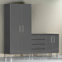 Grey Modular 3-Piece Garage Cabinet Set, Tall Closet + Drawer Base