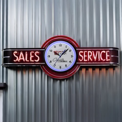 72" Black Corvette Stingray Clock and Neon Sales and Service Sign