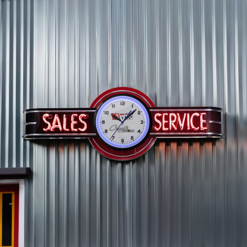 72" Black Corvette Stingray Clock and Neon Sales and Service Sign