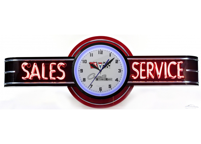 72" Black Corvette Stingray Clock and Neon Sales and Service Sign