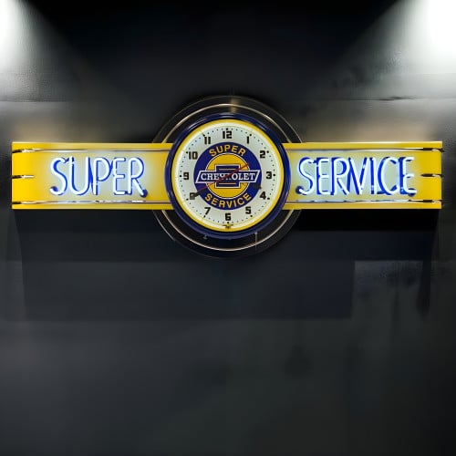 72" wide Chevrolet Super Service Neon sign with Super Service Clock