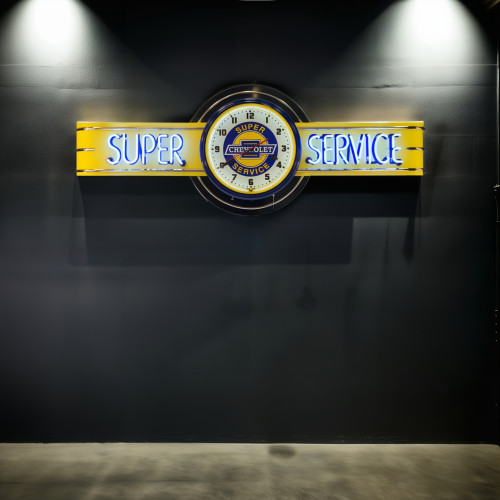 72" wide Chevrolet Super Service Neon sign with Super Service Clock