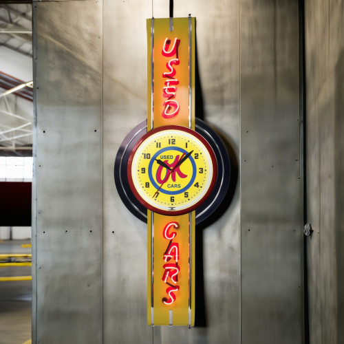 72" Tall OK Used Cars Neon Sign and Clock