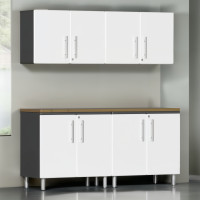 White Modular 5-Piece Garage Cabinet Workstation Set with Bamboo Top
