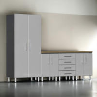 Silver Modular 5-Piece Garage Cabinet Set with Bamboo Workbench Top