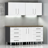 White Modular Garage Cabinet Workstation Set, 6-Piece with Bamboo Top