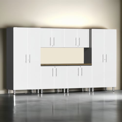 White Modular 7 Piece Garage Cabinet Kit with Workstation