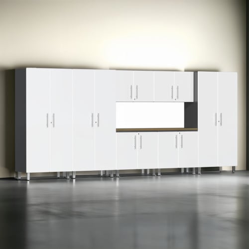 White Modular 8 Piece Garage Cabinet Kit with Bamboo Worktop