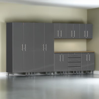 Grey Modular 9-Piece Garage Cabinet System with Bamboo Worktop