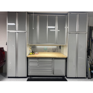 12 Foot Wide Aluminum Garage Cabinets with Rolling Tool Cart
