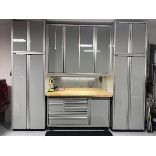 12 Foot Wide Aluminum Garage Cabinets with Rolling Tool Cart