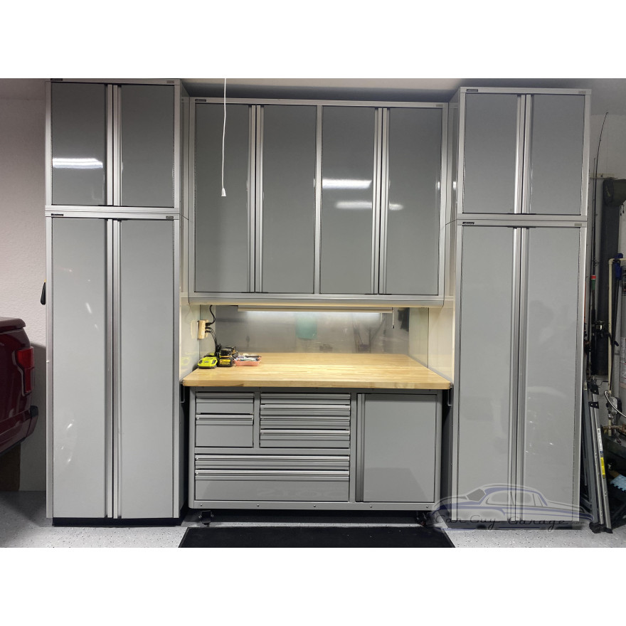 12 Foot Wide Aluminum Garage Cabinets with Rolling Tool Cart