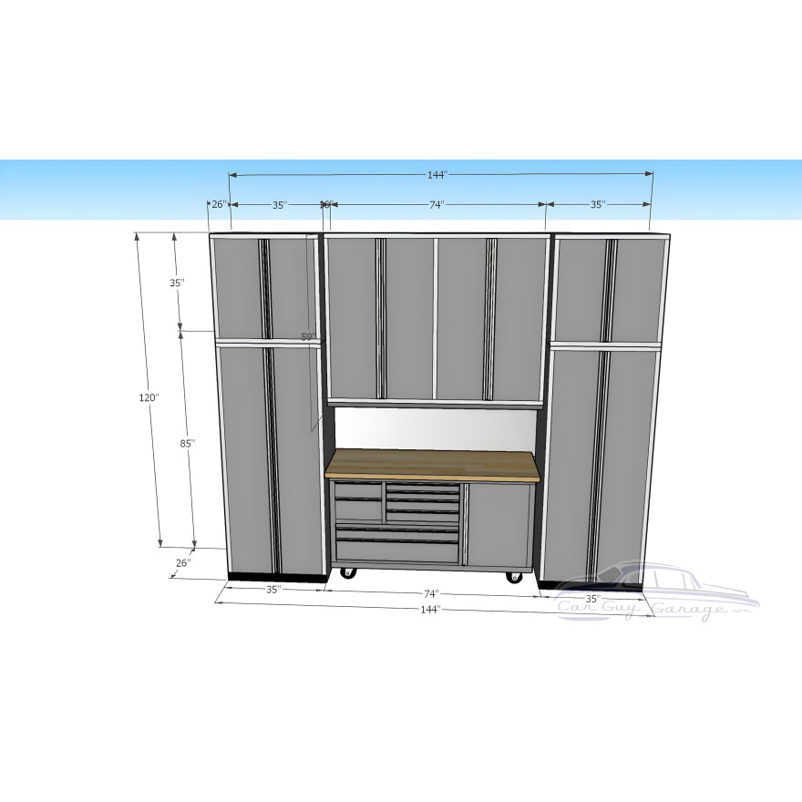 12 Foot Wide Aluminum Garage Cabinets with Rolling Tool Cart
