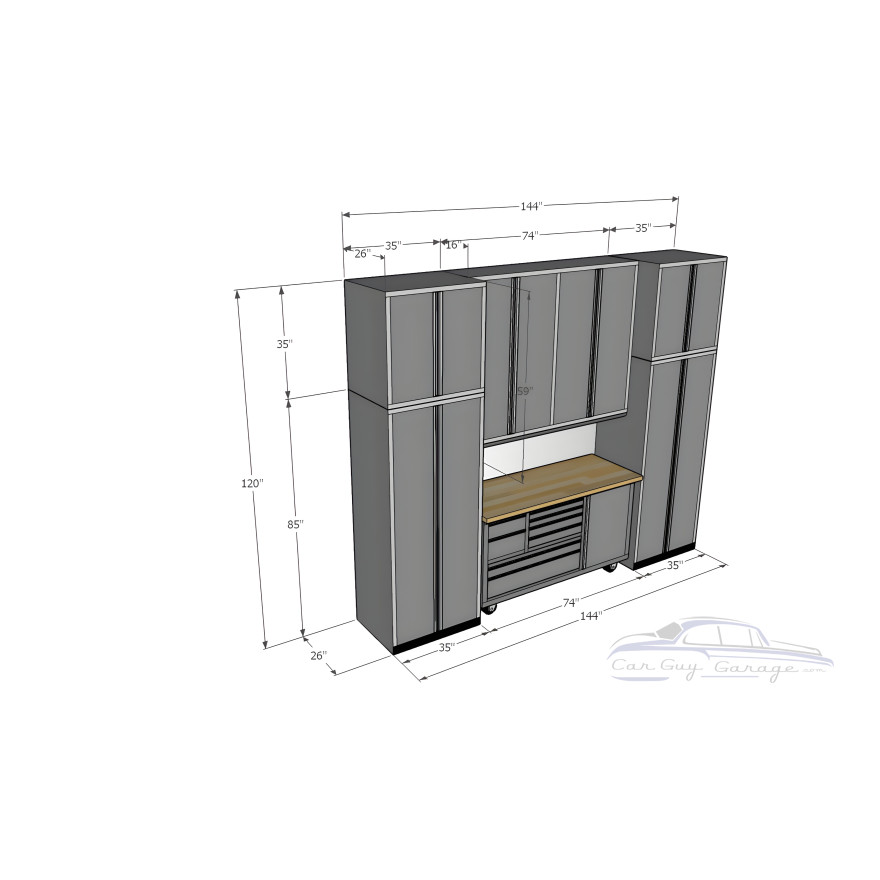 12 Foot Wide Aluminum Garage Cabinets with Rolling Tool Cart