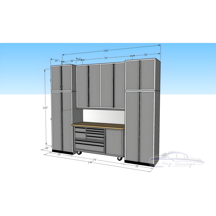 12 Foot Wide Aluminum Garage Cabinets with Rolling Tool Cart
