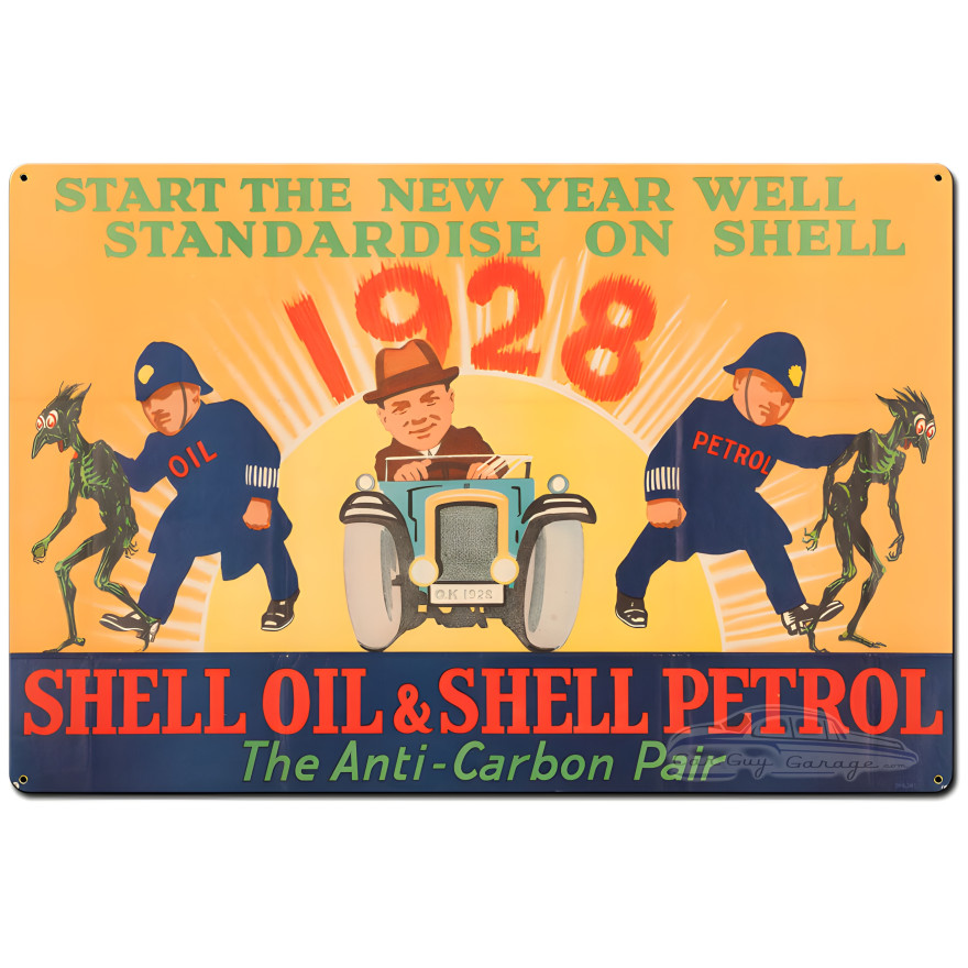 Shell Oil Petrol Fight Carbon Anti-Carbon Pair Metal Sign - 36" x 24"