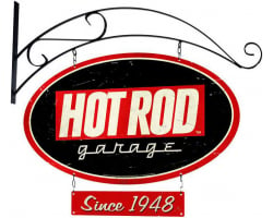 Hot Rod Garage Metal Sign - 24" x 14" Double Sided Oval with Hanging Bracket