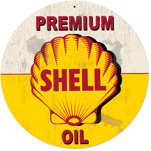 Yellow Premium Shell Oil Grunge Metal Sign - 28" Round
