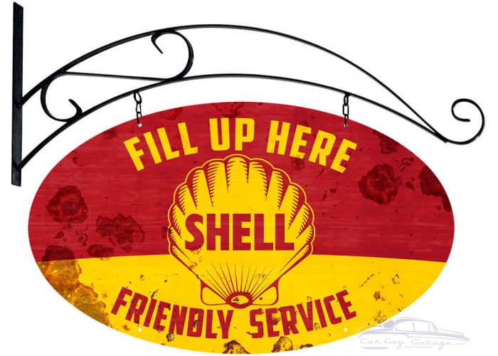 Fill Up Here Friendly Service Shell Grunge Metal Sign - 24" x 14"