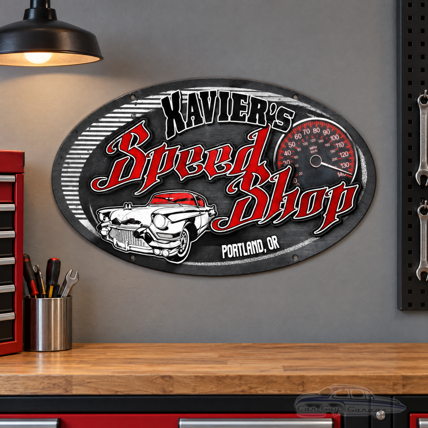 Personalized Speed Shop Metal Garage Sign - 24" x 14"